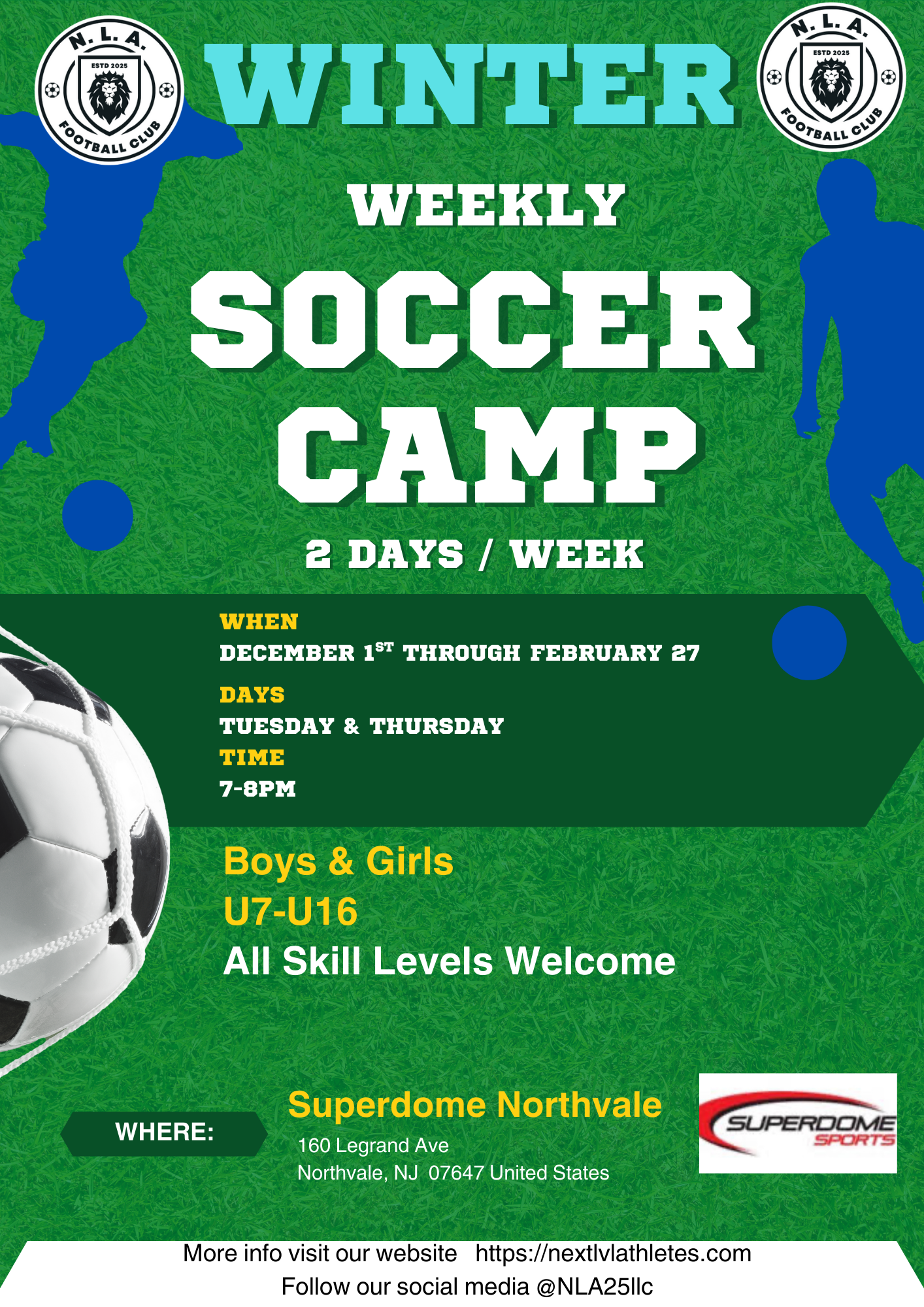 WEEKLY NLA WINTER training camp 7:00pm to 8:00pm    U7-U16 *CASH*