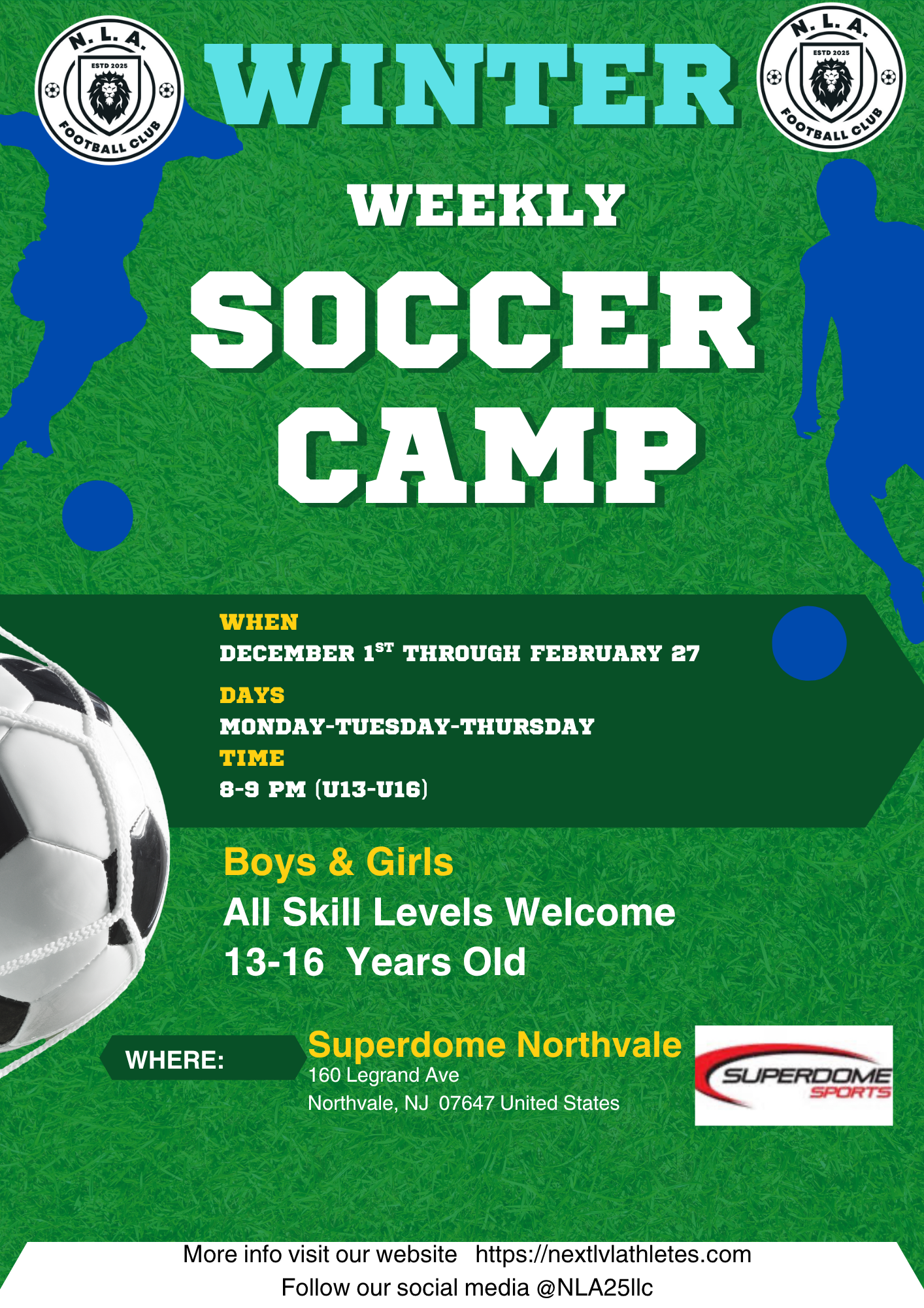 WEEKLY NLA WINTER training camp 8:00pm to 9:00pm    U12-U16 *CARD*